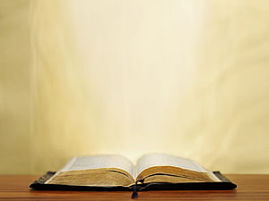 Open Holy Bible on Wooden Table with Soft Warm Lighting and Vintage Aesthetic HD wallpaper