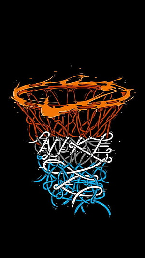 Stylized Basketball Hoop with Orange and Blue Net on Black Background HD phone wallpaper