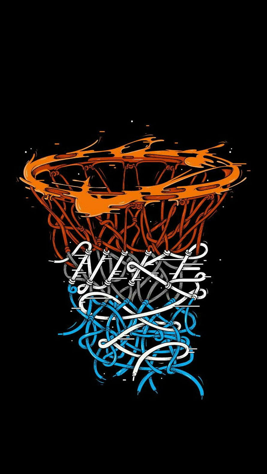 Stylized Basketball Hoop with Orange and Blue Net on Black Background HD phone wallpaper