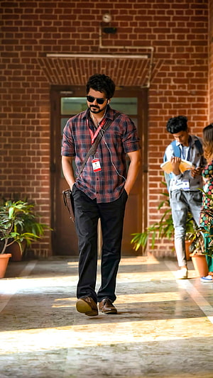 Dashing Man in Plaid Shirt and Sunglasses Walking Through a Brick Corridor, Master Vijay, Master HD phone wallpaper