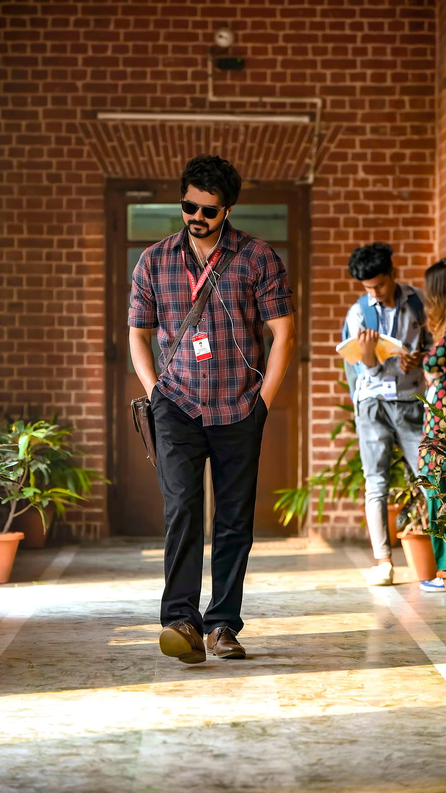 Dashing Man in Plaid Shirt and Sunglasses Walking Through a Brick Corridor, Master Vijay, Master HD phone wallpaper