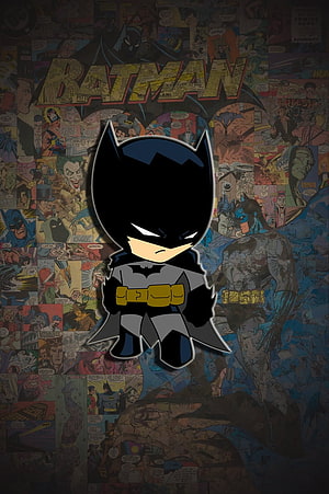 Cute Chibi Batman Character on Vintage Comic Book Collage Background, Chibi , Batman chibi, Batman HD phone wallpaper