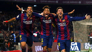 Lionel Messi, Neymar, and Luis Suarez Celebrate a Goal in Barcelona Home Kits HD wallpaper