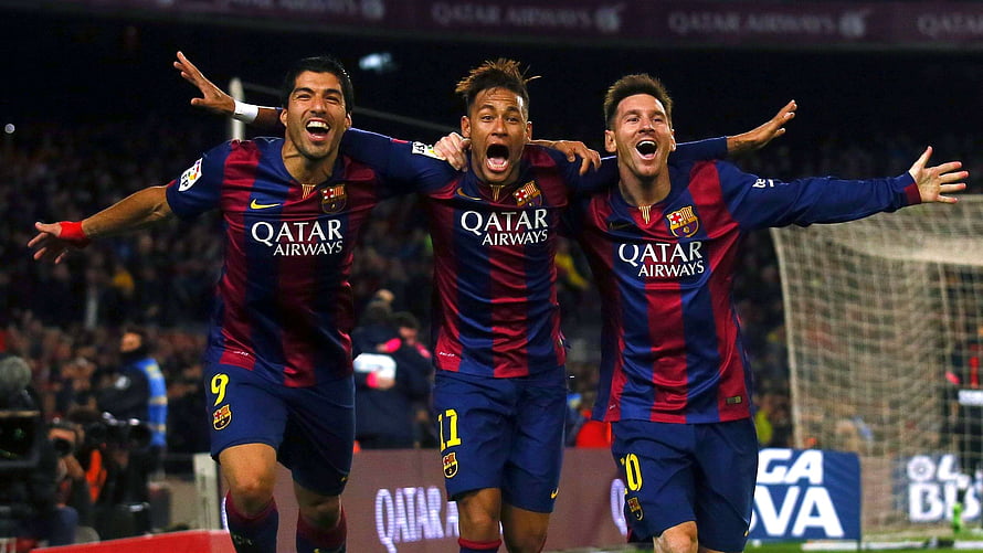 Lionel Messi, Neymar, and Luis Suarez Celebrate a Goal in Barcelona Home Kits HD wallpaper