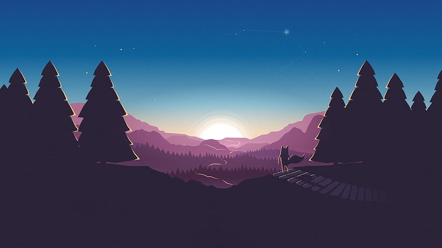 Minimalist Vector Illustration of a Fox Silhouette Watching Sunset Over Purple Mountains and Pine Forest HD wallpaper