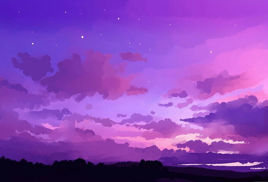 Dreamy Purple Twilight Sky with Soft Clouds and Starry Night Landscape HD wallpaper