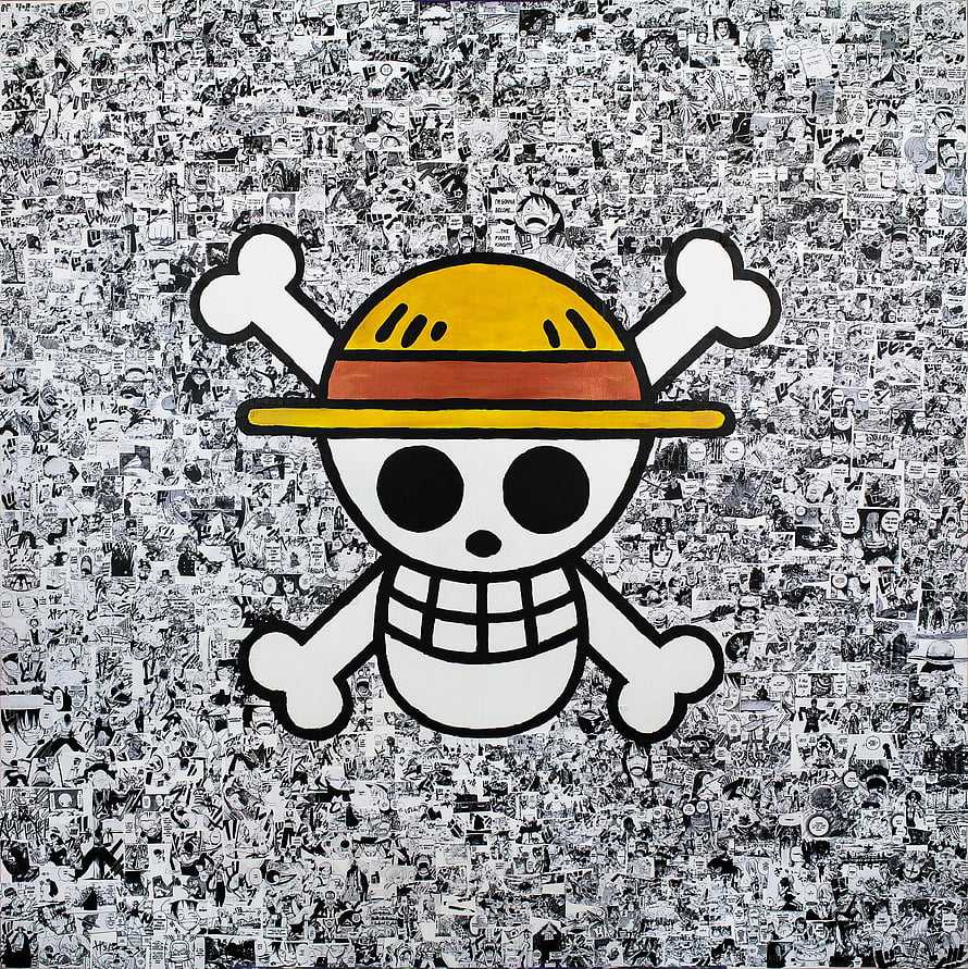 One Piece Jolly Roger Skull and Crossbones Over Manga Panel Collage Background HD phone wallpaper