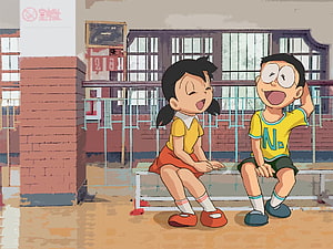 Nobita and Shizuka Laughing Together on School Bench Anime Art HD wallpaper