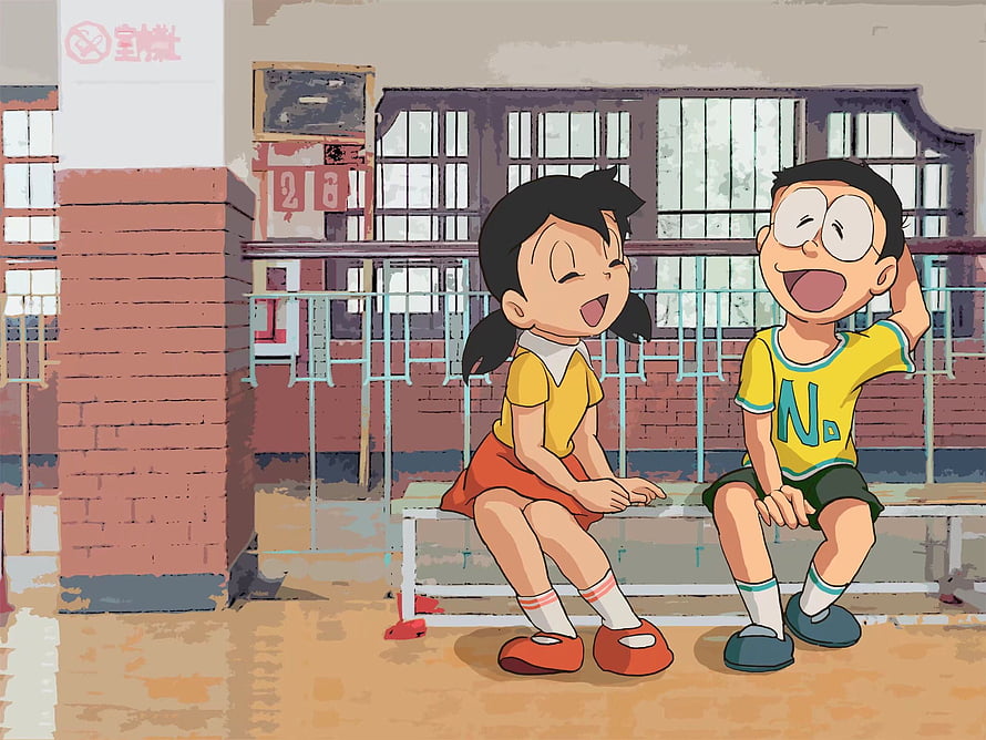 Nobita and Shizuka Laughing Together on School Bench Anime Art HD wallpaper