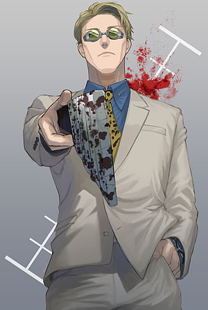 Detective Byakuya Togami from Danganronpa holding a bloody knife in a beige suit HD phone wallpaper