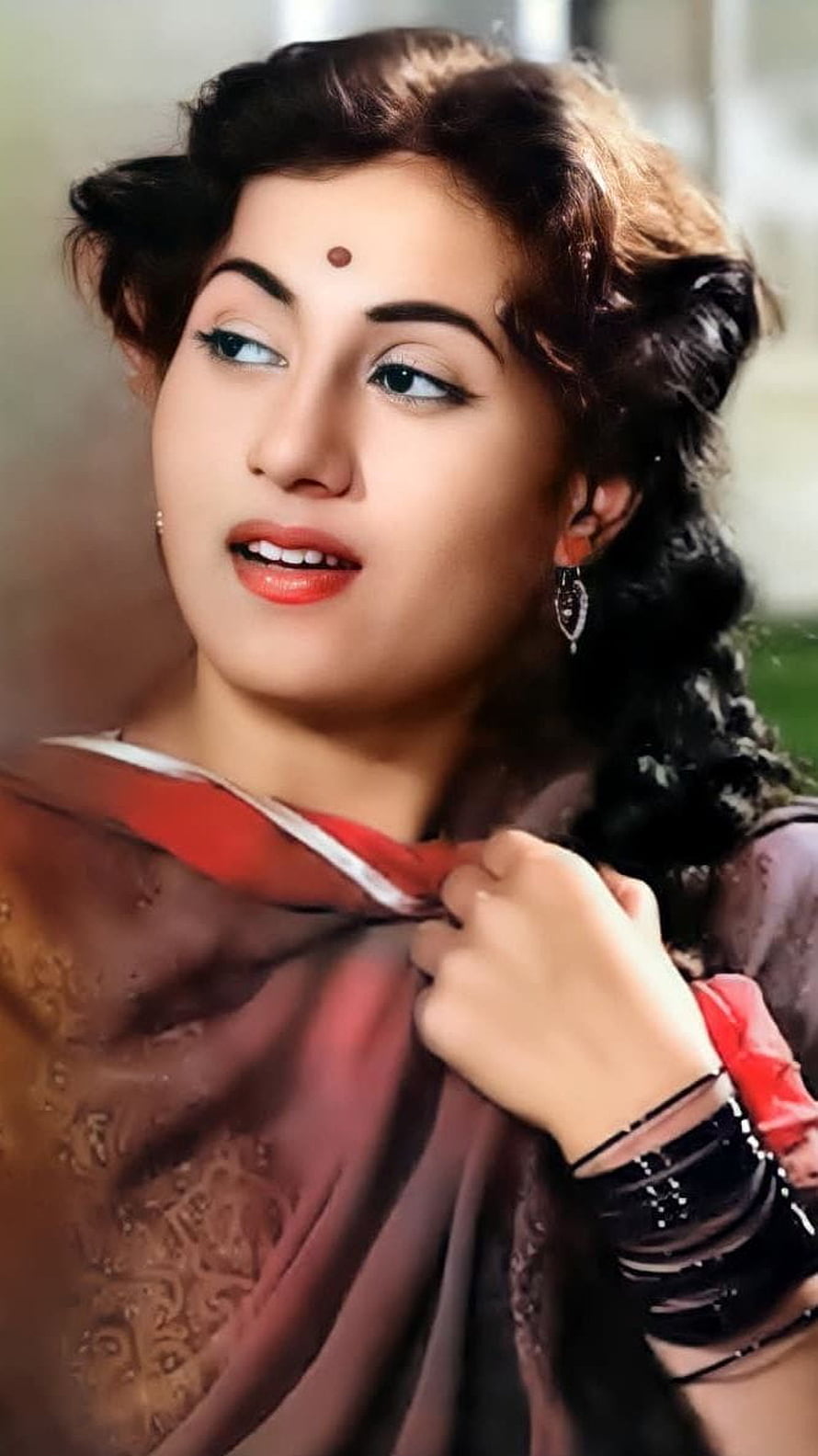 Vintage Portrait of Madhubala in Brown Saree with Red Border and Traditional Jewelry HD phone wallpaper