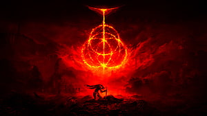 Dark Fantasy Warrior Confronting Glowing Red Rune Symbol in Hellish Landscape HD wallpaper