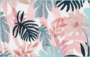 Tropical Floral Watercolor Pattern with Pink and Teal Leaves HD wallpaper