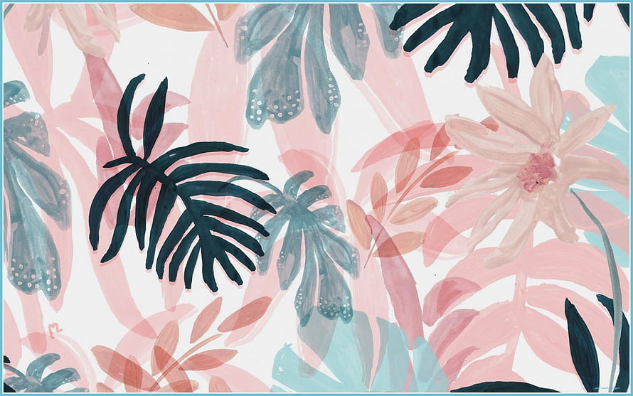 Tropical Floral Watercolor Pattern with Pink and Teal Leaves HD wallpaper