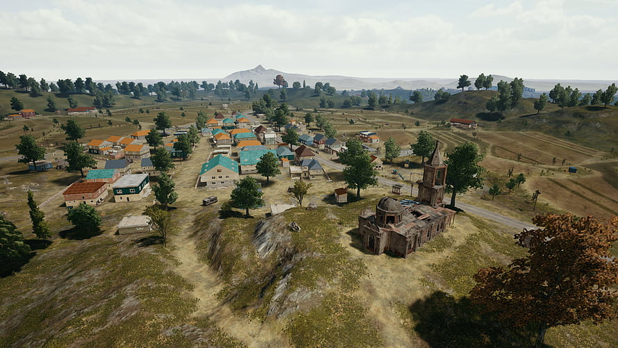 Aerial View of Erangel Village in PUBG Battlegrounds with Ruined Church and Rolling Hills HD wallpaper