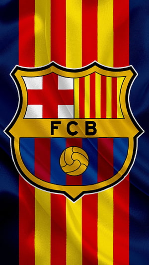 FC Barcelona Official Crest on Red and Blue Striped Fabric Background HD phone wallpaper