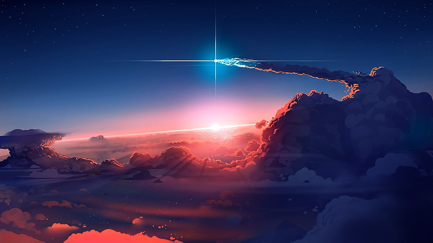 Anime Style Meteor Shower Over Clouds at Sunset HD wallpaper