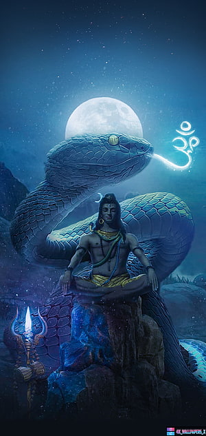 Lord Shiva Meditating Under Full Moon With Cobra And Om Symbol HD phone wallpaper