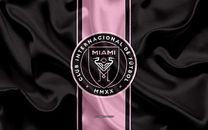 Inter Miami CF Official Club Crest on Black and Pink Waving Fabric Background HD wallpaper