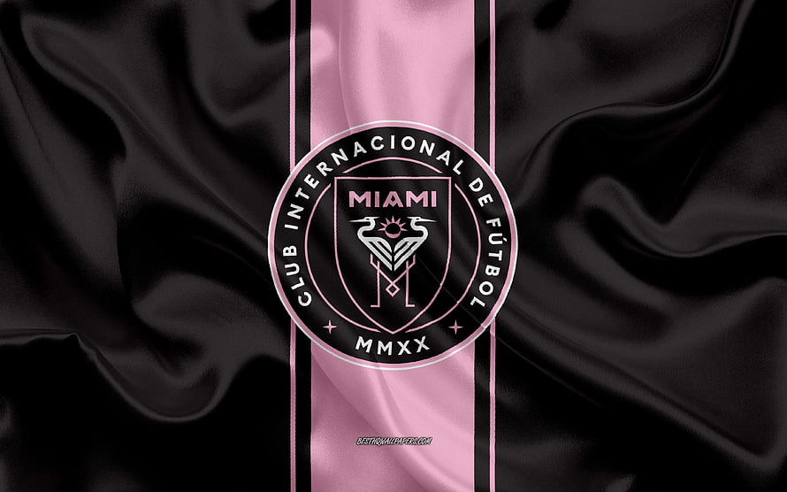 Inter Miami CF Official Club Crest on Black and Pink Waving Fabric Background HD wallpaper