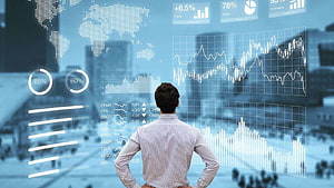 Businessman Analyzing Financial Stock Market Data on Holographic Display, Business Analytics, Business Intelligence HD wallpaper