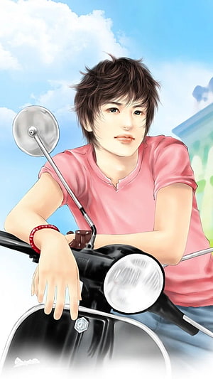 Young Man in Pink Shirt Leaning on Scooter Under Blue Sky, Single Boy Attitude, Cartoon HD phone wallpaper