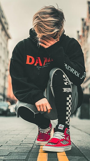 Justin Bieber Street Style Portrait in Black Hoodie and Red Vans HD phone wallpaper