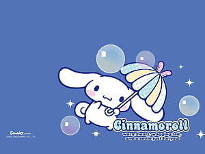 Cinnamoroll Holding Polka Dot Parasol with Floating Bubbles on Blue Background HD wallpaper
