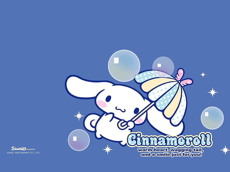 Cinnamoroll Holding Polka Dot Parasol with Floating Bubbles on Blue Background HD wallpaper