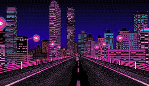 Neon City Highway Retro Pixel Art Wallpaper HD wallpaper