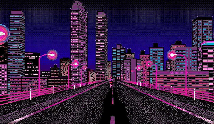 Neon City Highway Retro Pixel Art Wallpaper HD wallpaper
