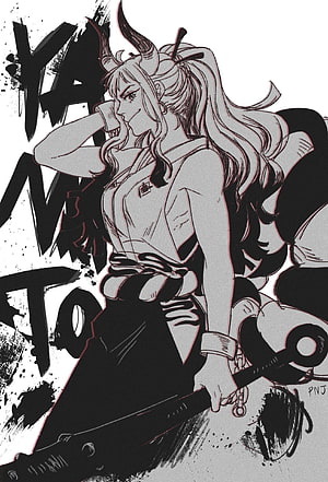 Yamato One Piece Fanart: Horned Warrior in Traditional Attire with Katana HD phone wallpaper