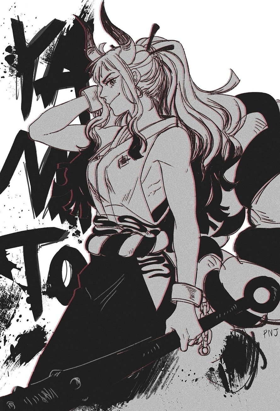 Yamato One Piece Fanart: Horned Warrior in Traditional Attire with Katana HD phone wallpaper
