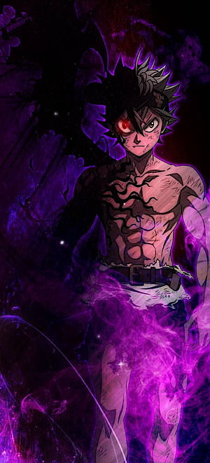 Dark Anime Character with Glowing Red Eye and Purple Energy Aura HD phone wallpaper