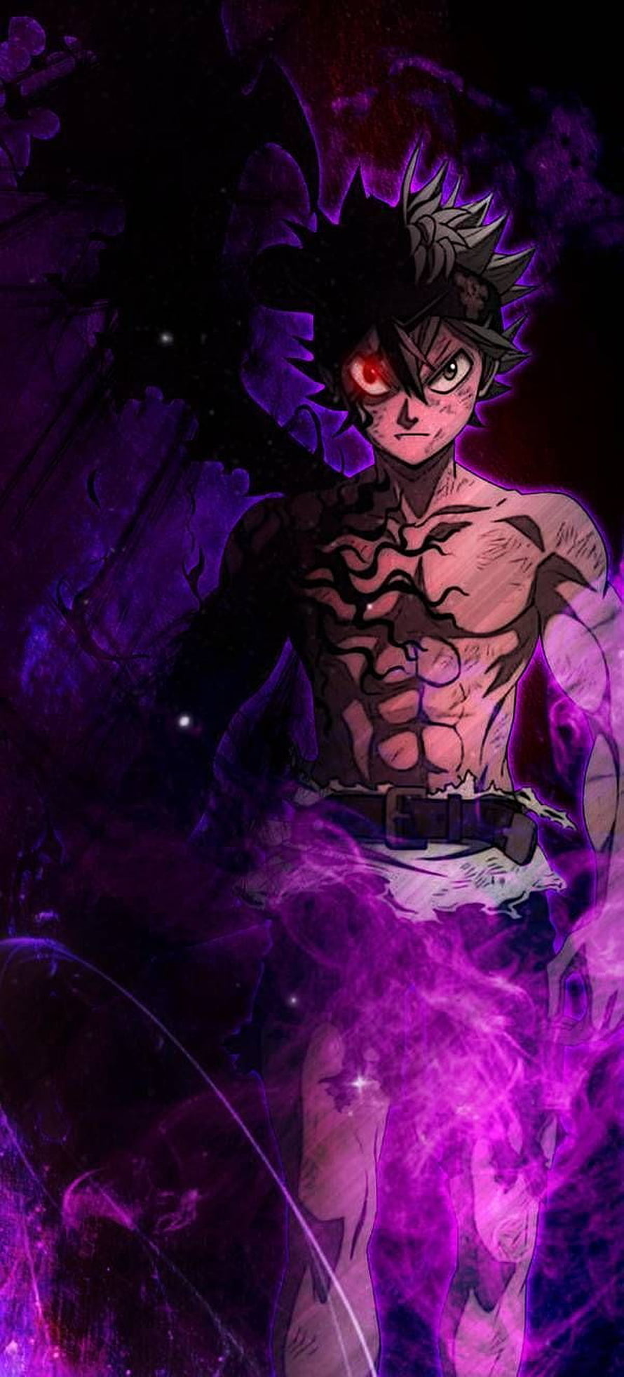 Dark Anime Character with Glowing Red Eye and Purple Energy Aura HD phone wallpaper