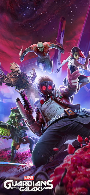 Guardians of the Galaxy Video Game Key Art Featuring Star-Lord, Gamora, Drax, Groot, and Rocket Raccoon HD phone wallpaper