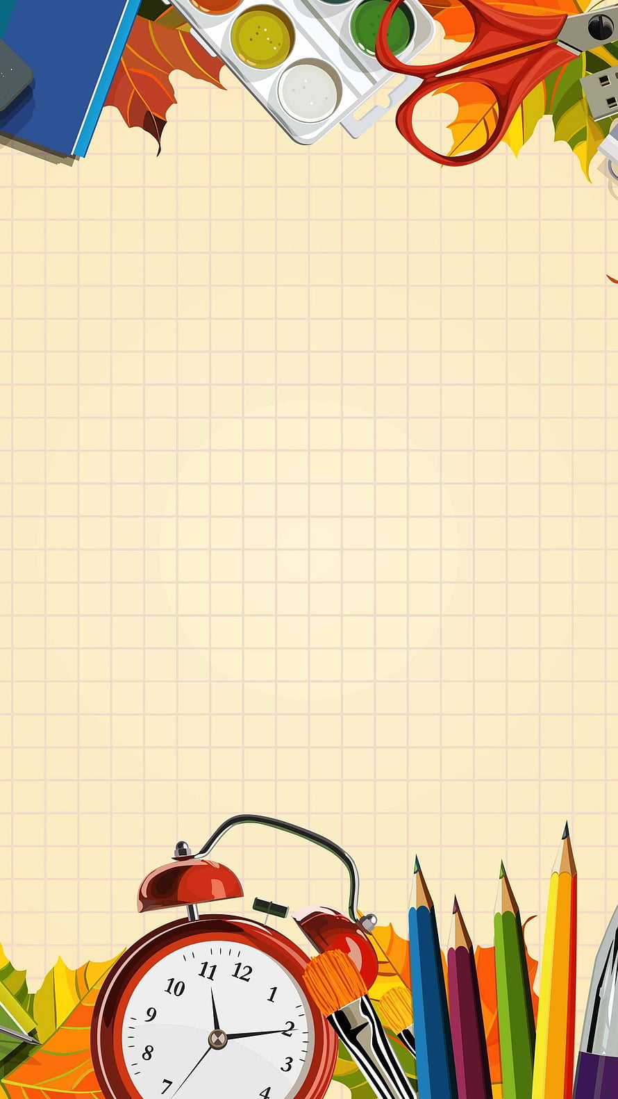 Back to School Stationery and Alarm Clock on Grid Paper Background HD phone wallpaper