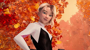 Gwen Stacy as Spider-Gwen in White and Black Suit Amidst Vibrant Autumn Leaves HD wallpaper