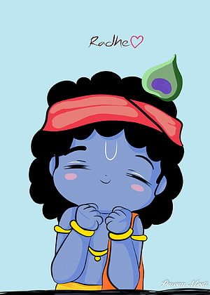 Cute Chibi Krishna Cartoon Wallpaper with Peacock Feather and Red Headband HD phone wallpaper