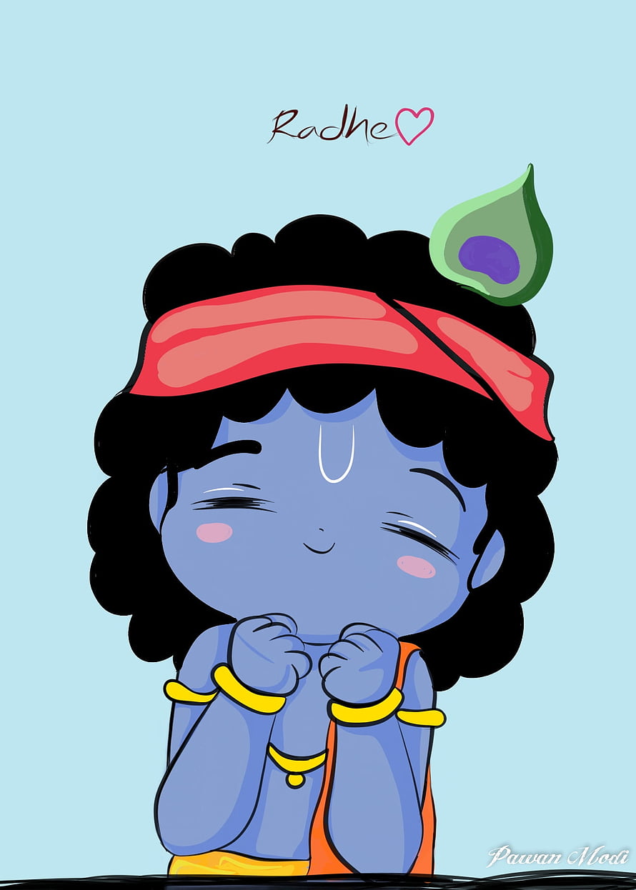Cute Chibi Krishna Cartoon Wallpaper with Peacock Feather and Red Headband HD phone wallpaper