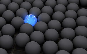 Glowing Blue Sphere Among Grey Spheres Abstract 3D Render HD wallpaper