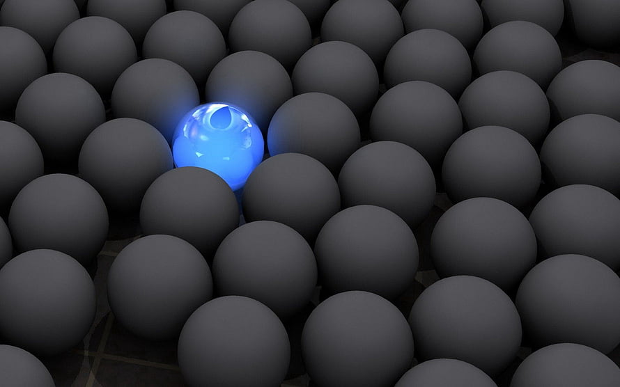 Glowing Blue Sphere Among Grey Spheres Abstract 3D Render HD wallpaper