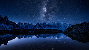 Stunning Night Sky Photography Featuring Milky Way Over Snowy Mountains Reflected in Lake HD wallpaper