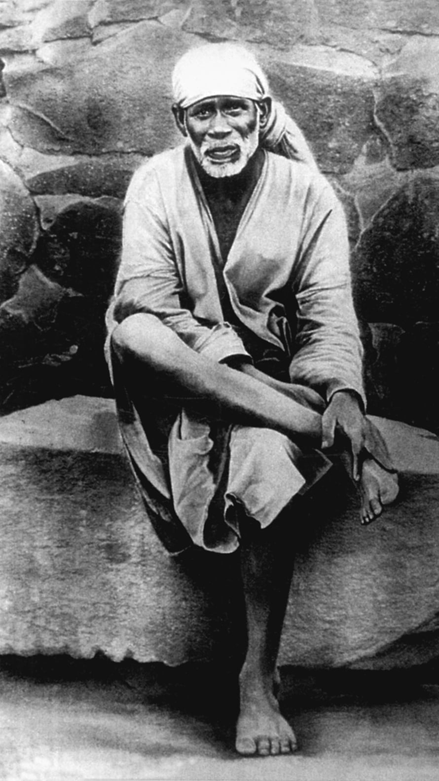 Sai Baba Seated Portrait in Traditional Attire Black and White Historical Photograph HD phone wallpaper