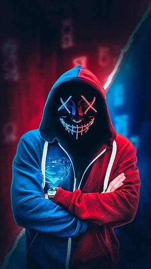 Mysterious Hacker in Neon Mask and Split Color Hoodie HD phone wallpaper
