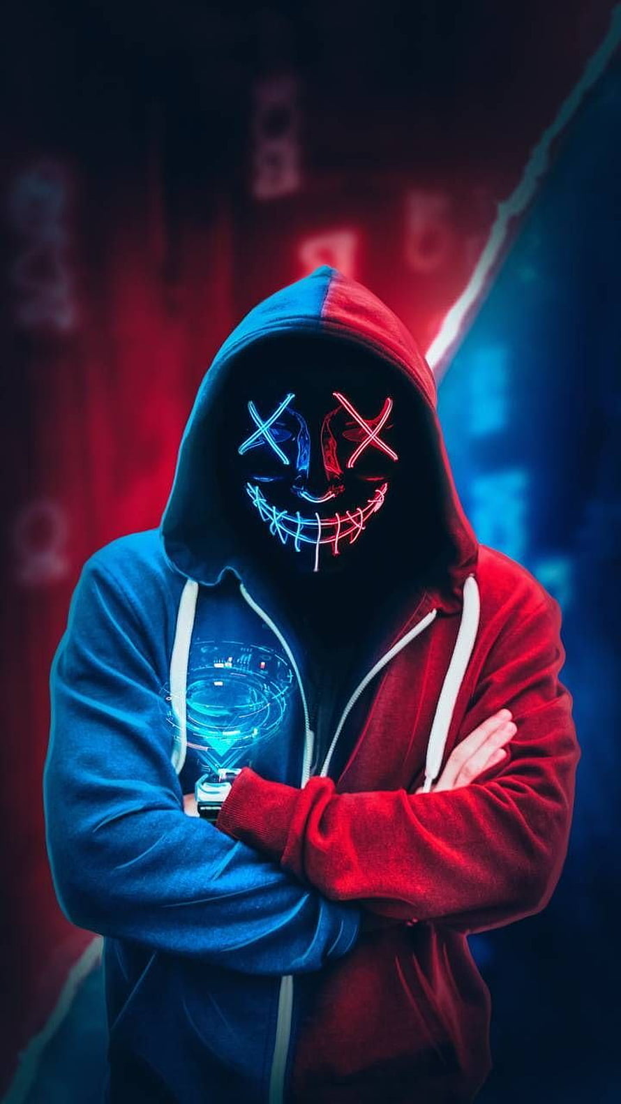 Mysterious Hacker in Neon Mask and Split Color Hoodie HD phone wallpaper