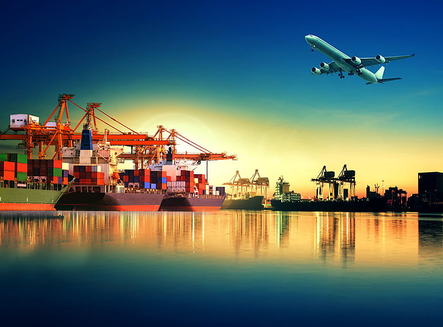 Container Ship and Airplane at a Busy Port During Golden Hour Sunset HD wallpaper