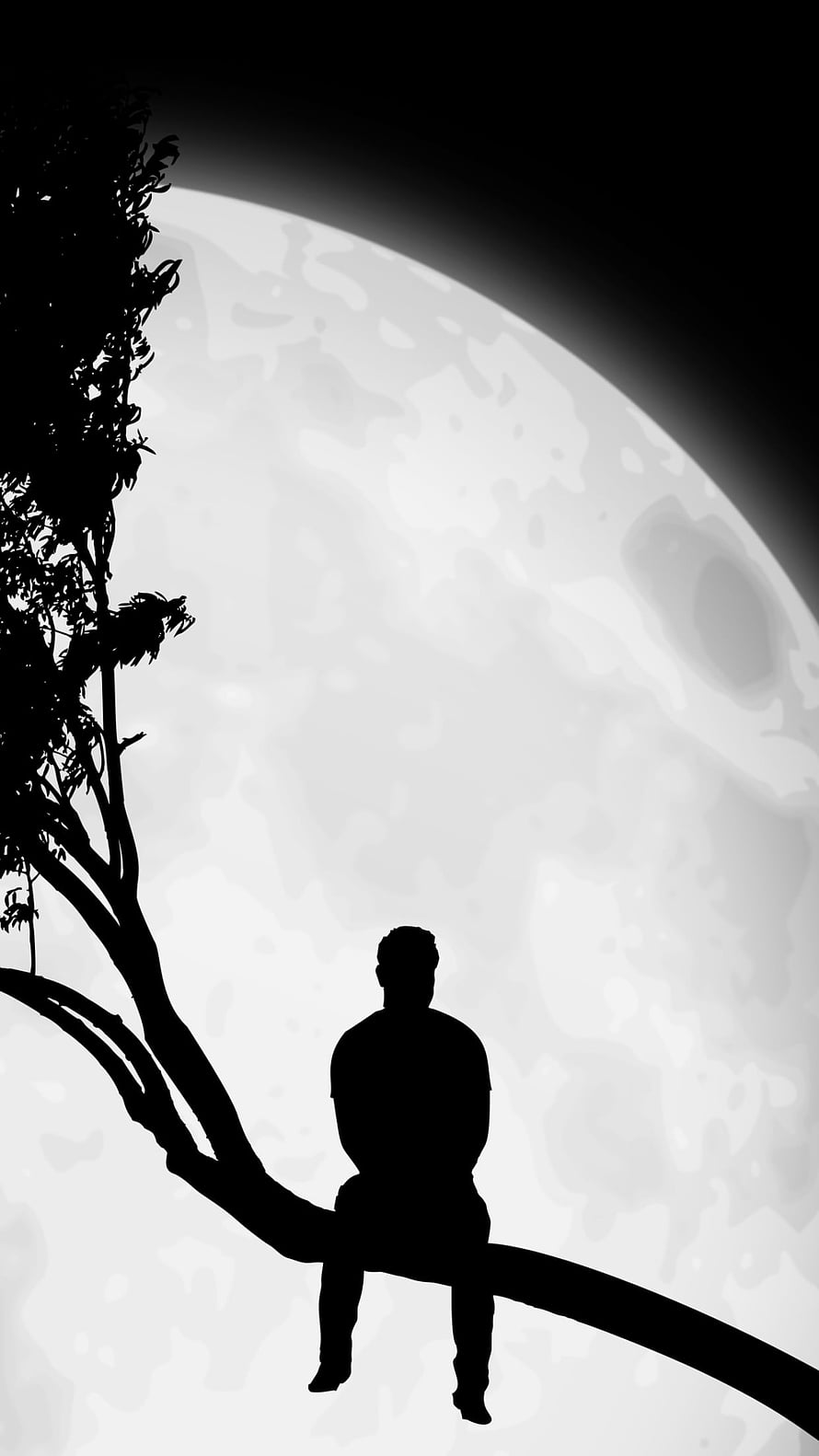 Silhouette of a boy sitting on a tree branch against a large full moon in a black and white scene HD phone wallpaper