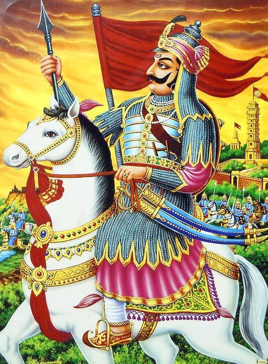 Maharana Pratap on White Horse with Spear and Red Flag in Traditional Indian Painting HD phone wallpaper