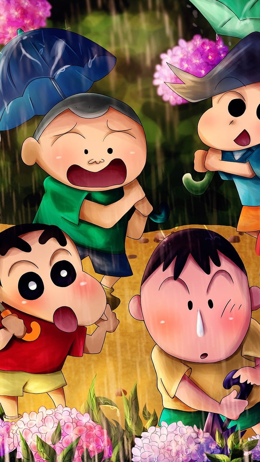 Crayon Shin-chan Friends Playing in the Rain with Colorful Umbrellas and Hydrangeas HD phone wallpaper